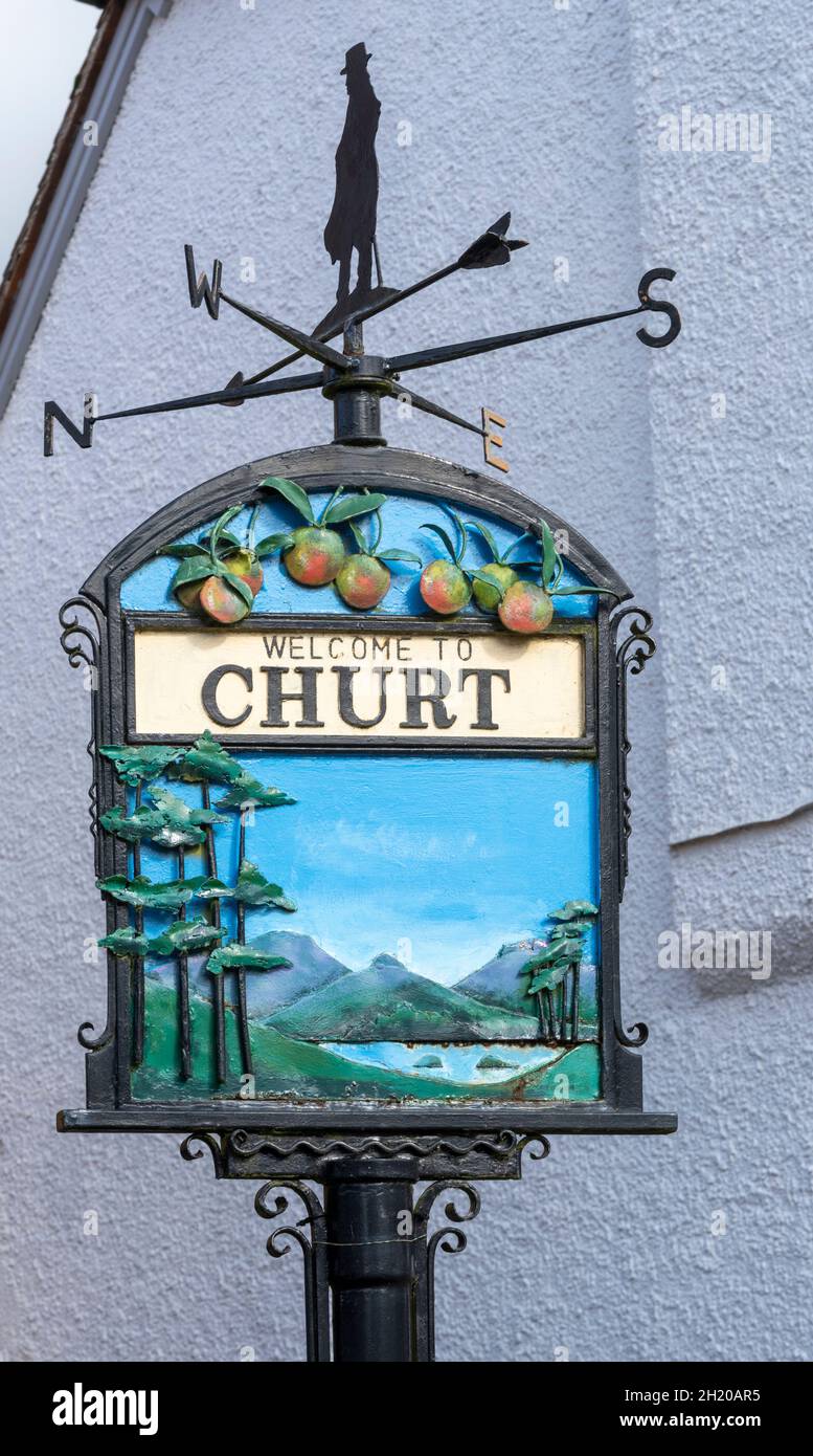 Welcome to Churt village sign at Churt, Waverley, Farnham, Surrey, England, UK Stock Photo