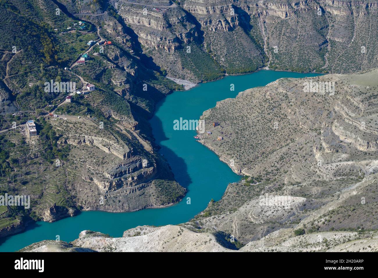 Above the riverbed of the Sulak river on a sunny day. Republic of Dagestan, Russian Federation Stock Photo