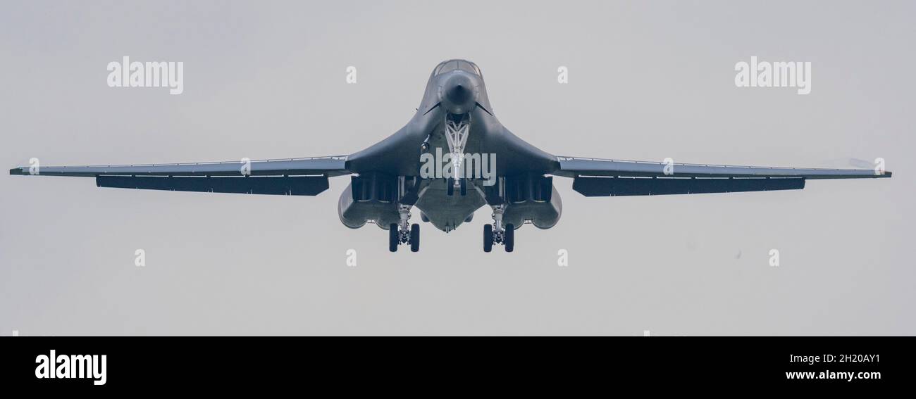 B1 Lancer Aircraft deployed from Dyess, AFB, to  Fairford as part of Bomber Task Force Europe. The B1's belong to the 9th Expeditionary Bomb Squadron Stock Photo