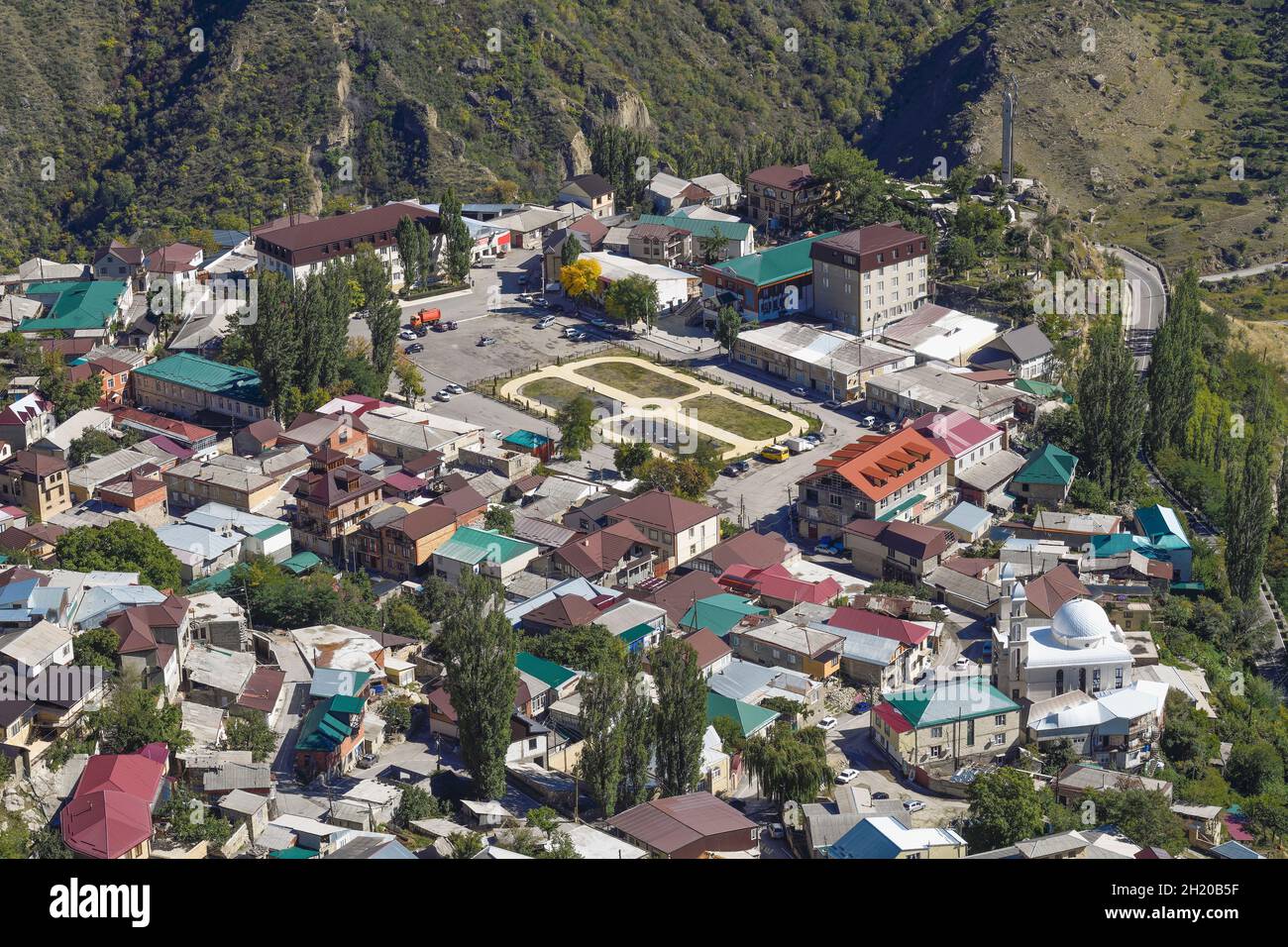 Top view of the central square of the mountain village of Gunib on a sunny September day. Republic of Dagestan, Russian Federation Stock Photo