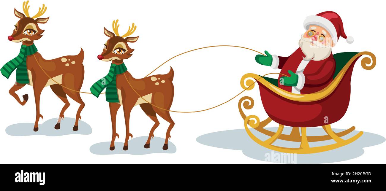 Christmas white background Santa Claus in sleigh with reindeer - Vector ...