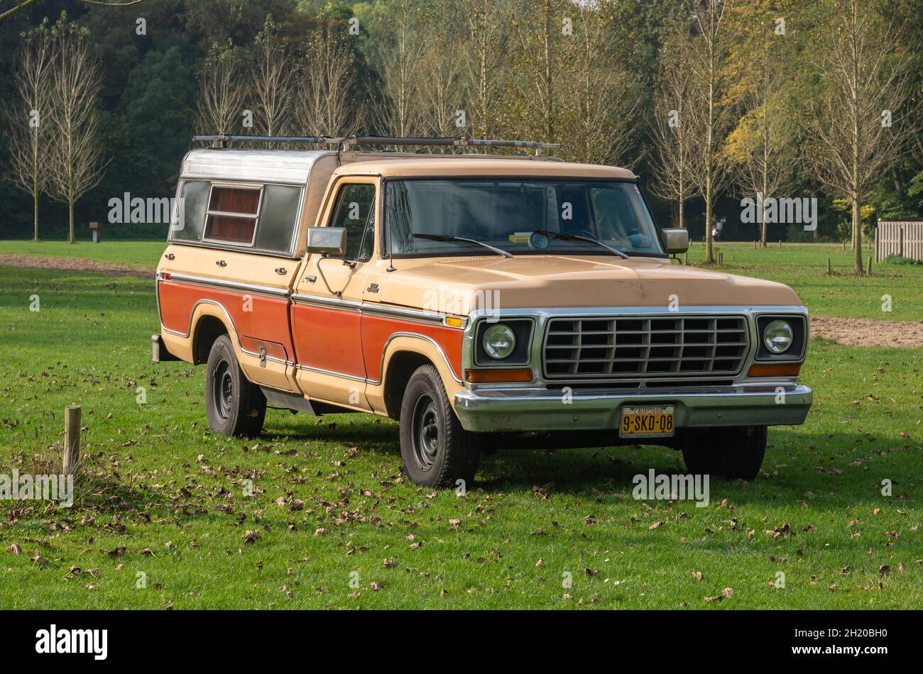 Amstelveen, North Holland, The Netherlands, 10.10.2021, Ford F150 4X2 Pick Up from year 1978 in Beige color Stock Photo