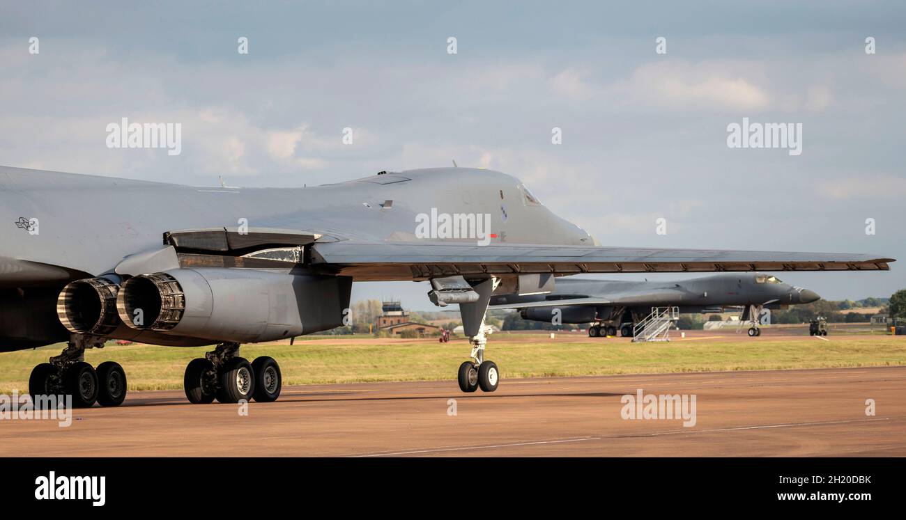 B1 Lancer Aircraft deployed from Dyess, AFB, to  Fairford as part of Bomber Task Force Europe. The B1's belong to the 9th Expeditionary Bomb Squadron Stock Photo