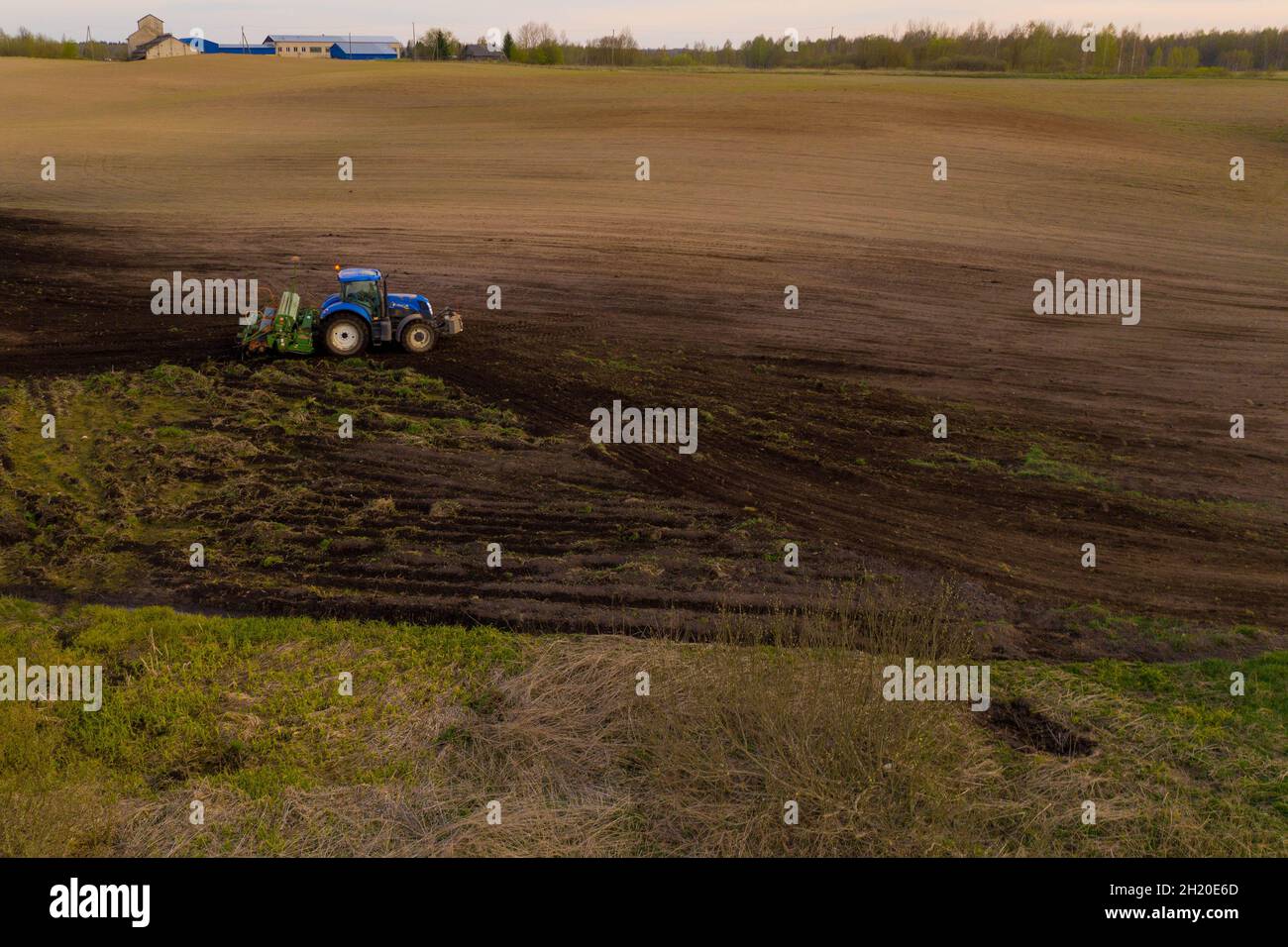 Drone view of working agricultural tractor in field during summer day. Stock Photo