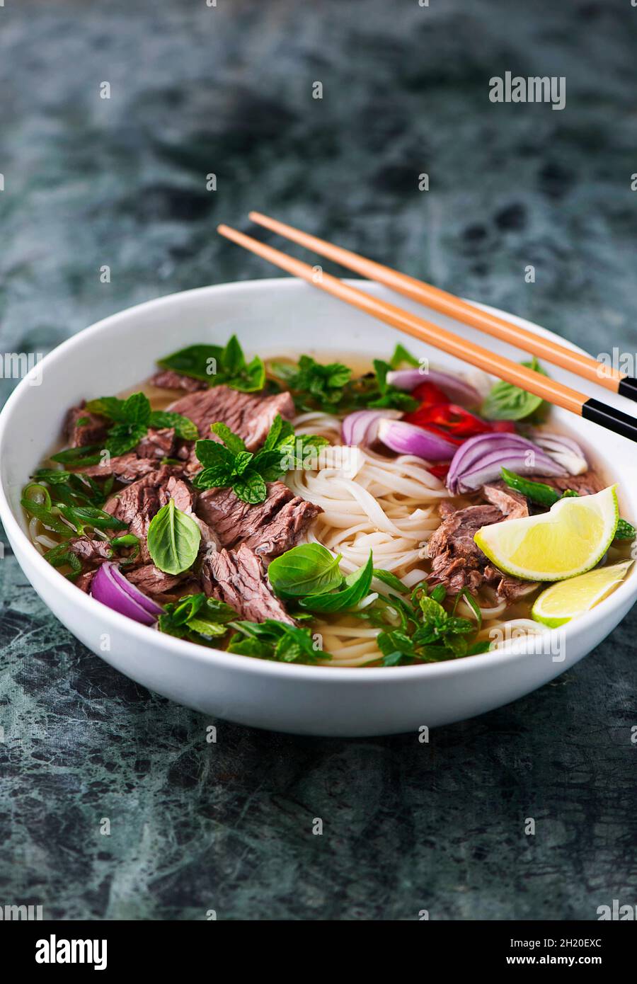 Pho bo (traditional beef soup with rice noodles, Vietnam Stock Photo