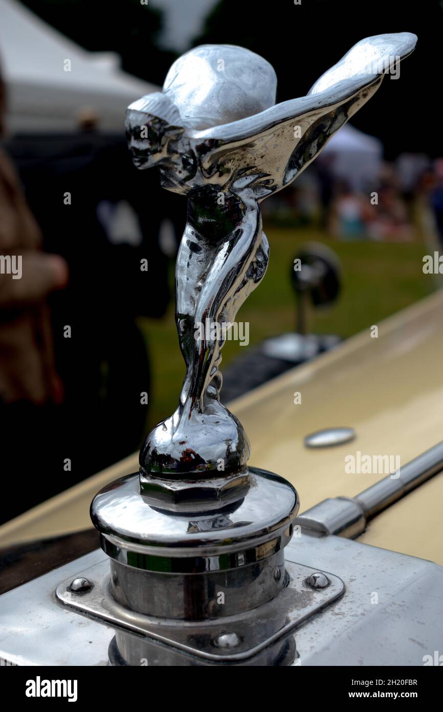 The Spirit of Ecstasy is the bonnet ornament sculpture on Rolls-Royce cars. Stock Photo