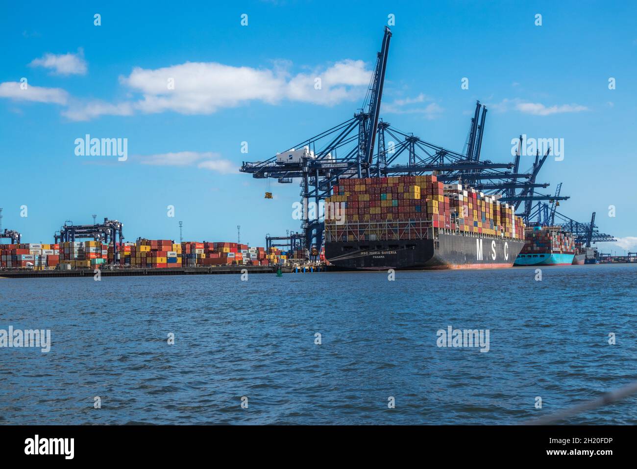 Yacht sailing pass MSC container ship Maria Saveria alongside Trinity Terminal a container handling facility with Ship-to-Shore cranes at Felixstowe Stock Photo