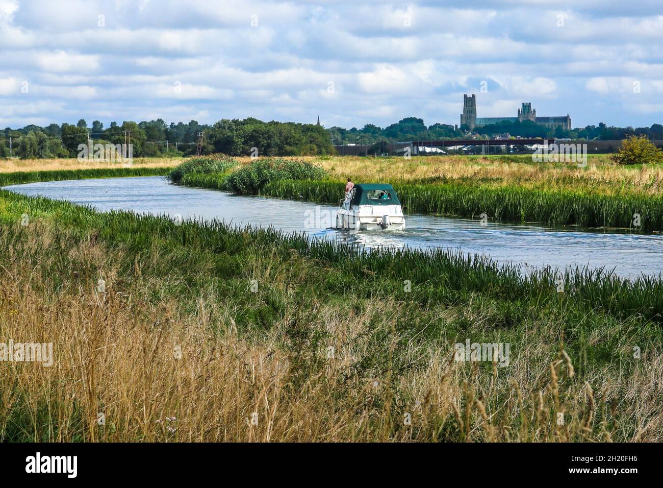 A motor cruise boat heading downstream towards Ely with Ely Cathedral impressively seen, known locally as the 'Ship of the Fens' Stock Photo