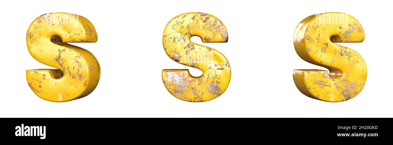 Letter S from alphabet set of metallic yellow grunge letters. Isolated. 3D Rendering Stock Photo