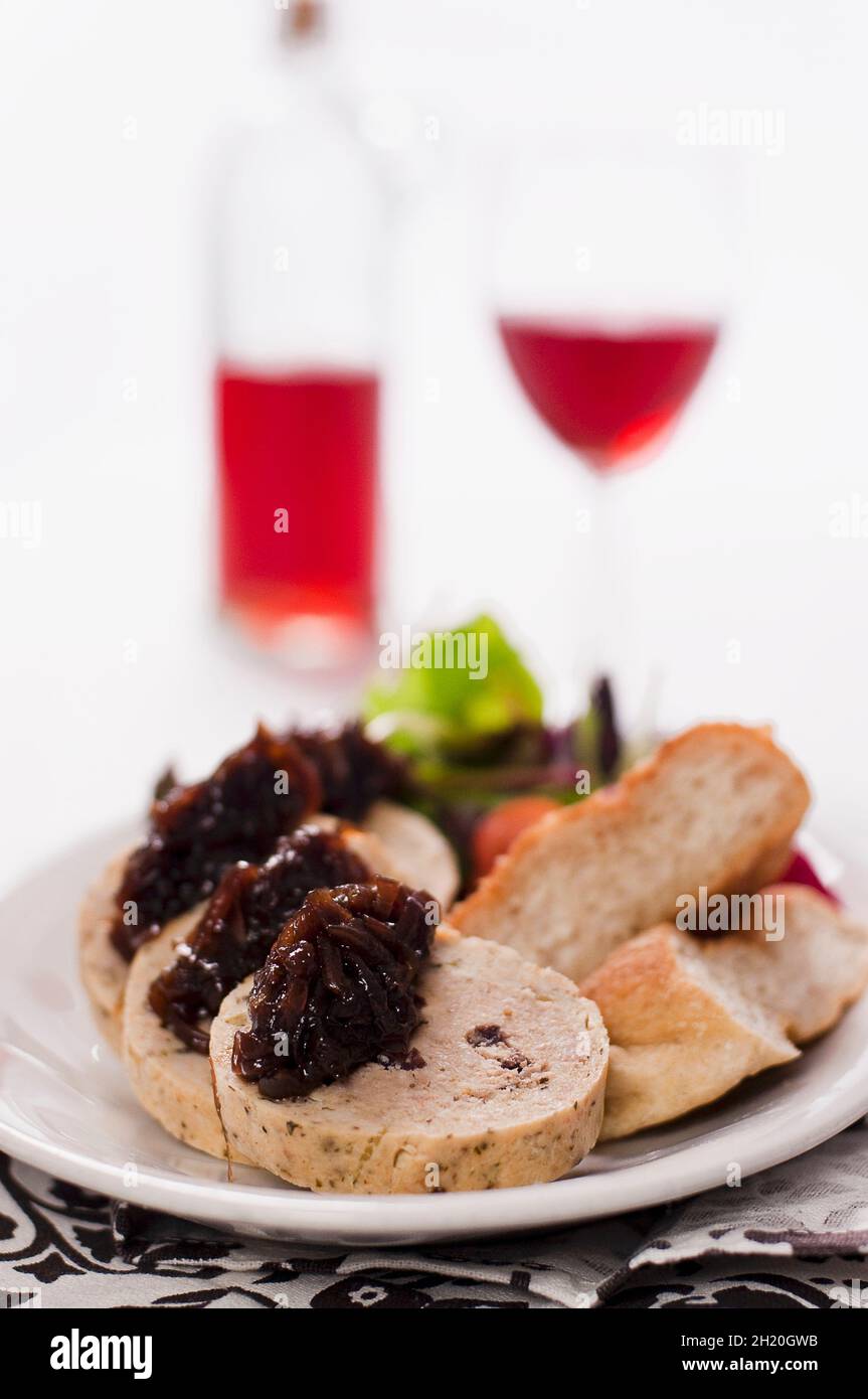 Minced chicken roulade stuffed with liver pâté and red onion jam Stock