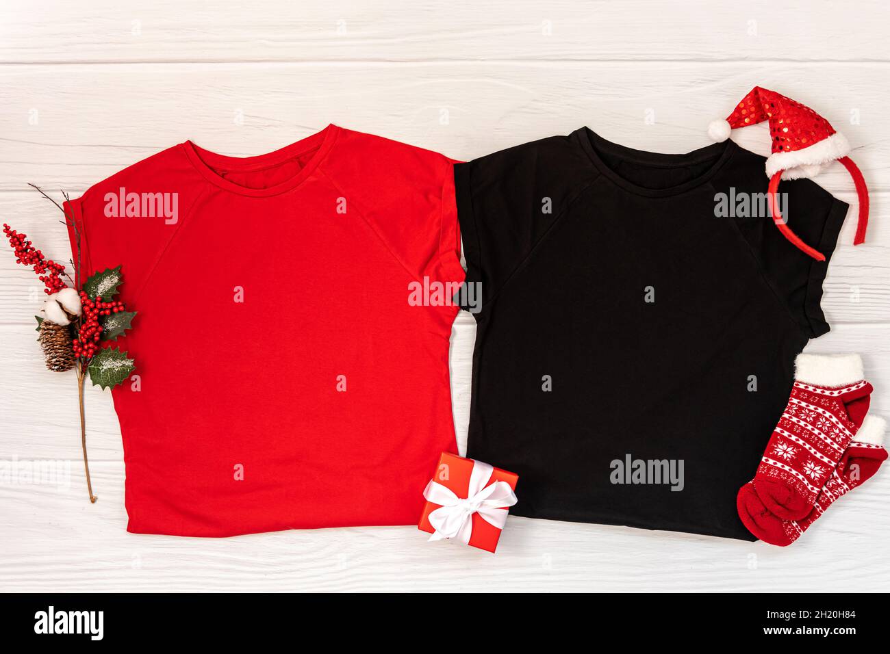 Red and black tshirt christmas mockup Stock Photo