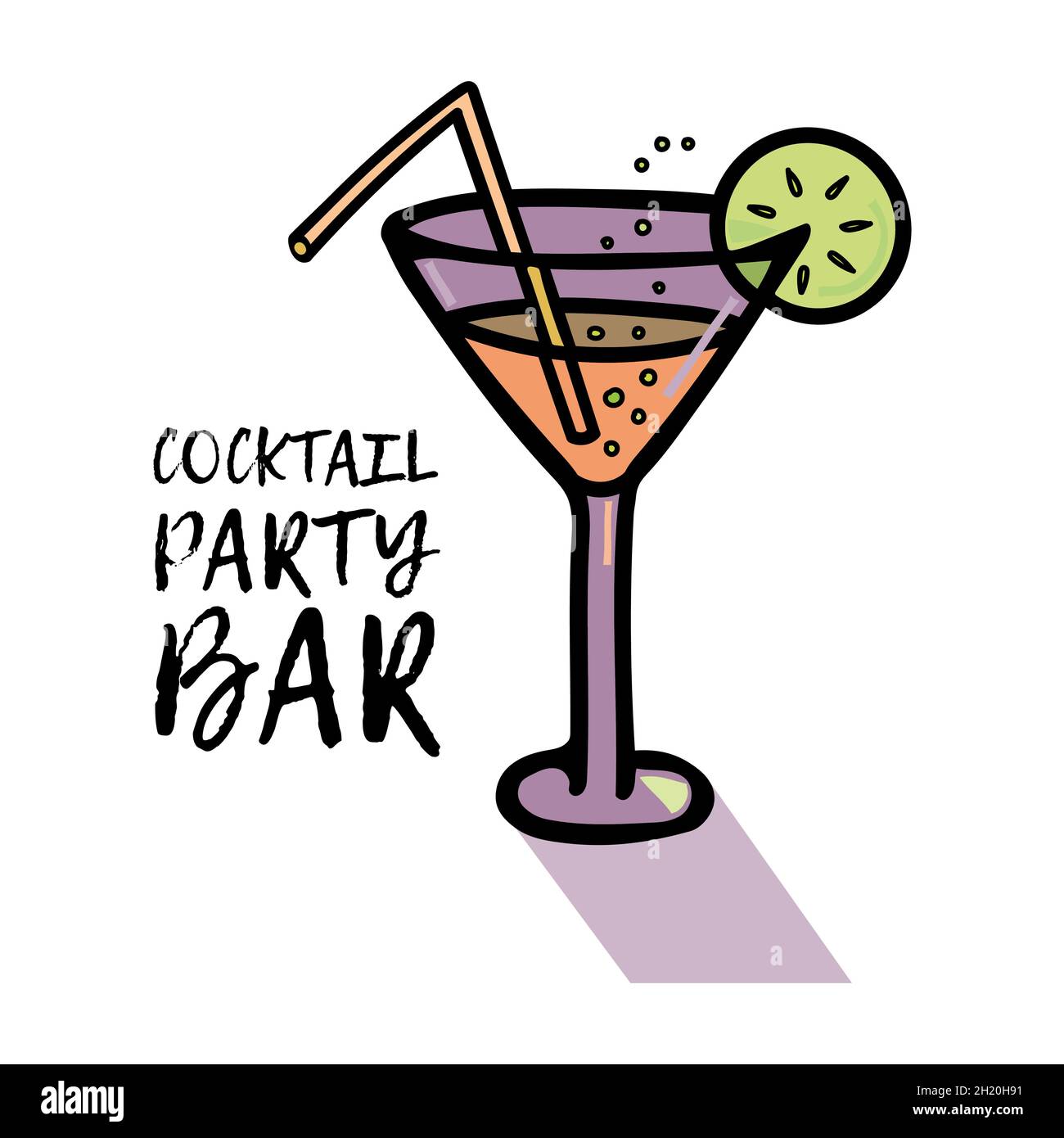 https://c8.alamy.com/comp/2H20H91/vector-illustration-of-a-glass-with-a-cocktail-bubbles-and-a-slice-of-lemon-a-straw-icon-phrase-cocktail-party-bar-2H20H91.jpg