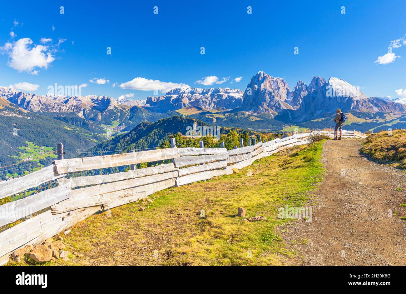 Hiking in the Dolomites region on Seiser Alm Stock Photo