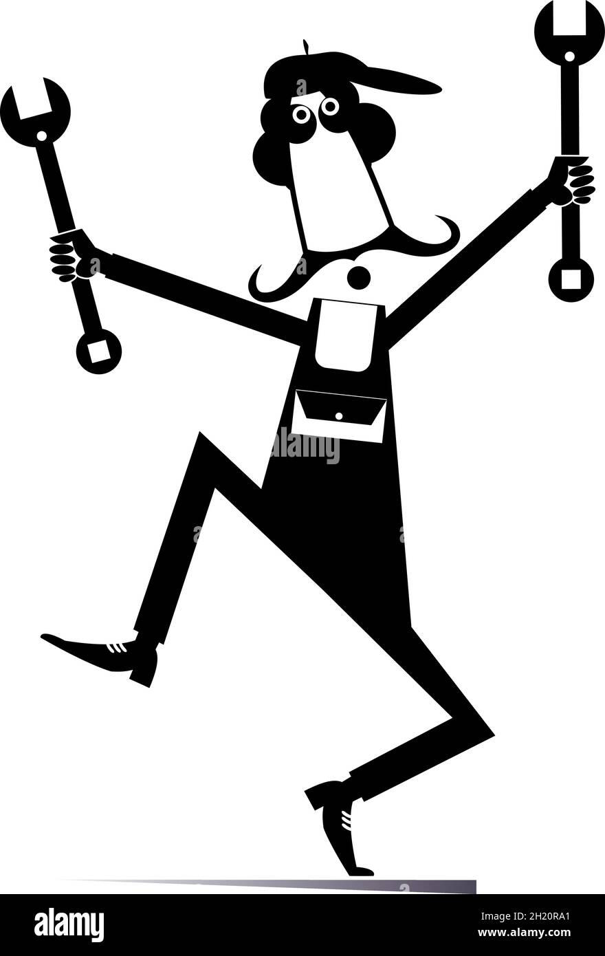 Comic mechanic with two wrenches isolated illustration. Funny mechanic holding two wrenches black on white Stock Vector