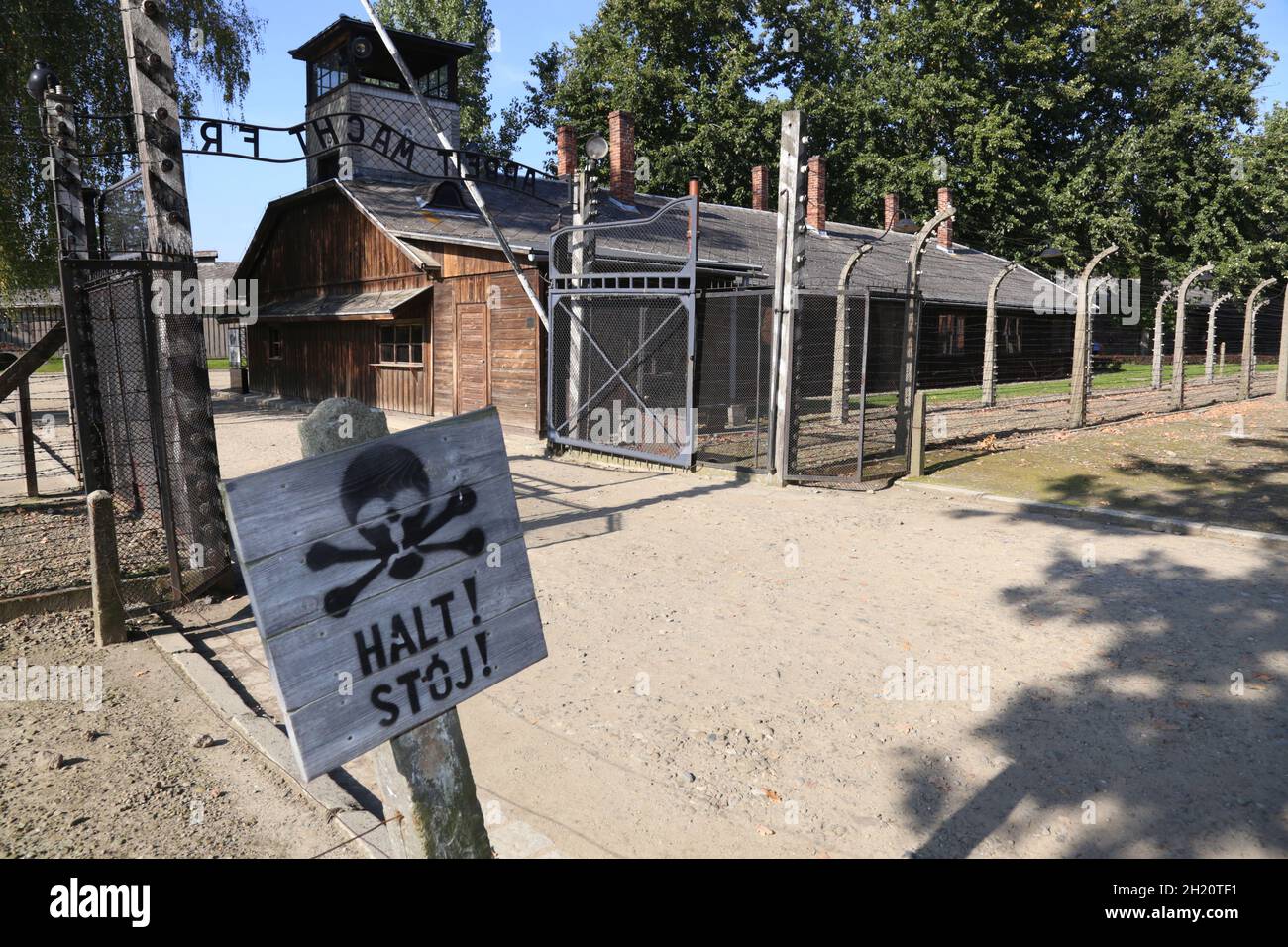 Oswiecim. Poland. Memorial and museum Auschwitz-Birkenau, former Auschwitz Nazi death camp in Oswiecim, Poland. The 'Arbeit macht frei' gate. Stock Photo
