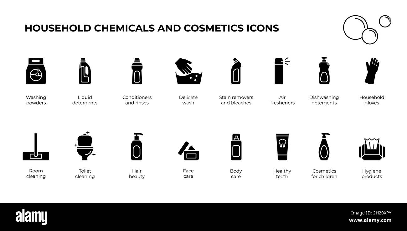 Household chemicals and cosmetics icon set for online store website. Various preparations signs for face, body, hair, dental health, hygiene products. Cleaning agents, washing and disinfection symbols Stock Vector