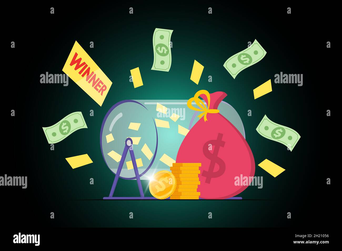Prize raffle rotating drum with lottery tickets and lucky winner money bag on dark background. Online random draw promotional design concept. Gambling vector eps illustration Stock Vector