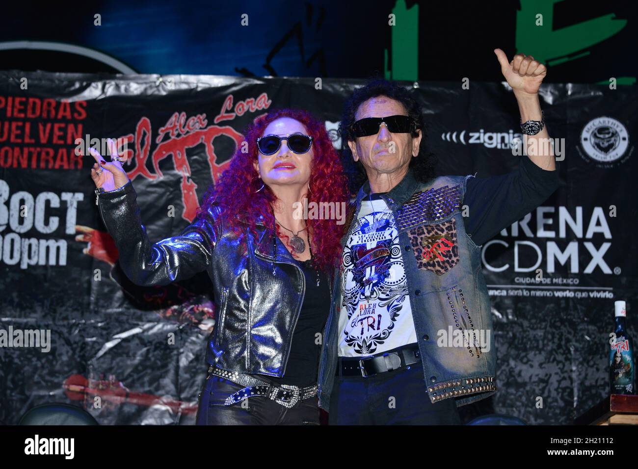 Non Exclusive: MEXICO CITY, MEXICO - OCTOBER 19, 2021: Alex Lora and Chela Lora integrants of Mexican band ‘ El Tri’  poses  during a press conference Stock Photo