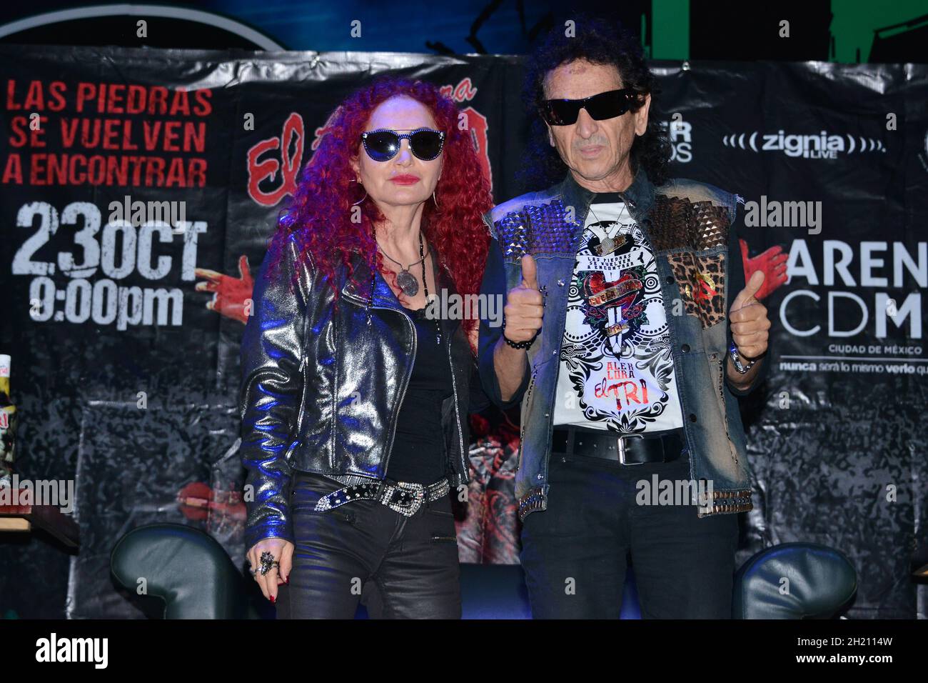 Non Exclusive: MEXICO CITY, MEXICO - OCTOBER 19, 2021: Alex Lora and Chela Lora integrants of Mexican band ‘ El Tri’  poses  during a press conference Stock Photo