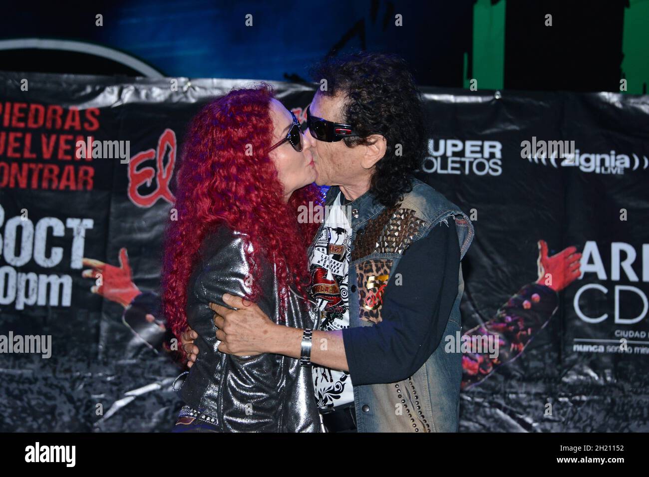 Non Exclusive: MEXICO CITY, MEXICO - OCTOBER 19, 2021: Alex Lora and Chela Lora integrants of Mexican band ‘ El Tri’  poses  during a press conference Stock Photo