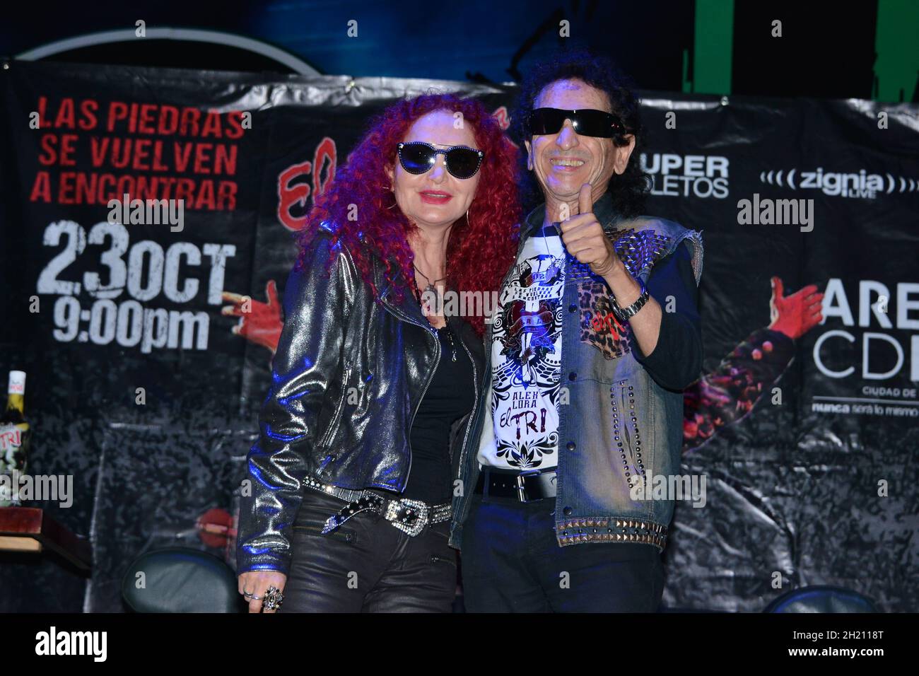 Non Exclusive: MEXICO CITY, MEXICO - OCTOBER 19, 2021: Alex Lora and Chela Lora integrants of Mexican band ‘ El Tri’  poses  during a press conference Stock Photo