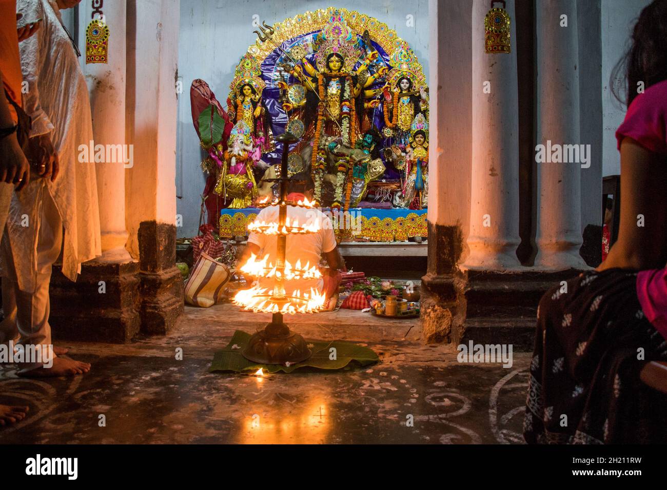 Sandhi Puja is performed till the end of Ashtami and the period after Navami begins. Stock Photo