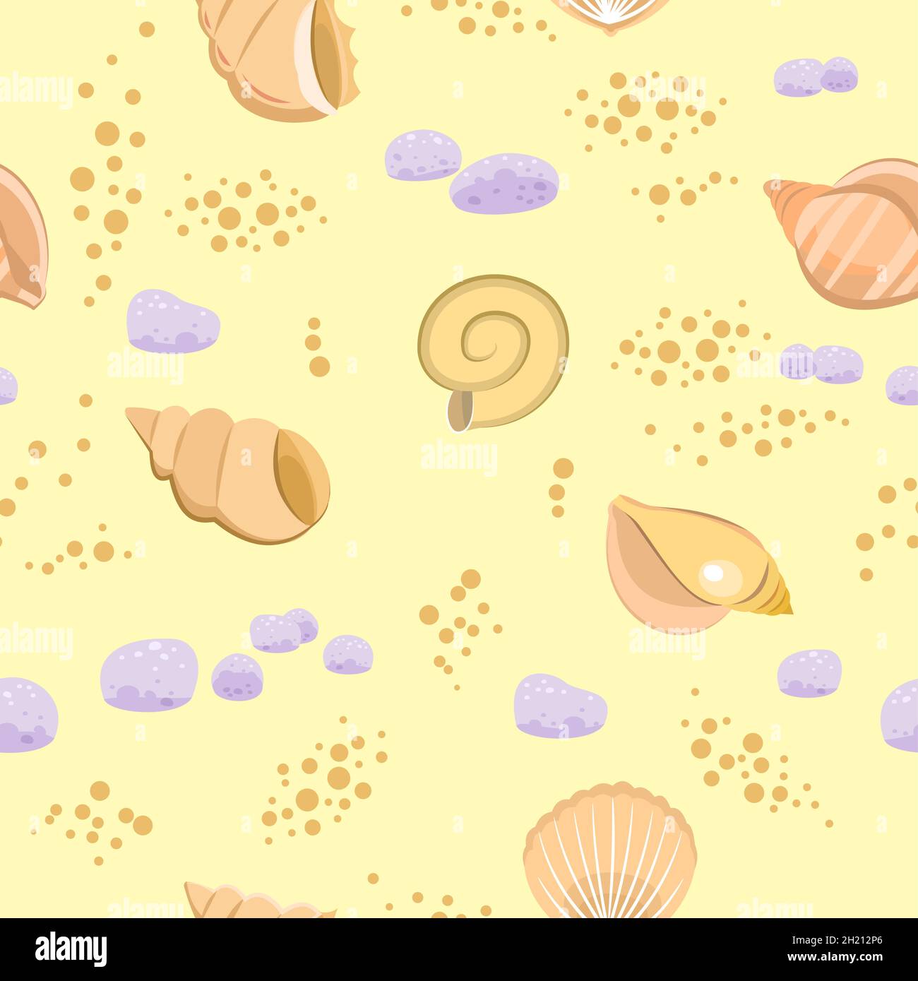 Shells on sand. Bottom of reservoir or beach. Sea ocean. Seamless. Illustration in cartoon style. Flat design. Vector art Stock Vector