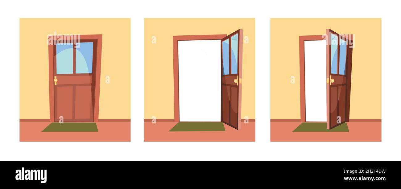 Set of doors. Open, half ajar and locked. From inside of room at home. Light wall. Way is open. Cartoon style. Vector Stock Vector