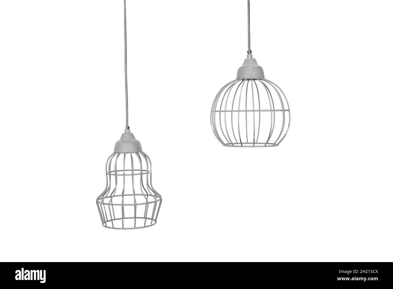 Stylish pendant lamps hanging on white background Stock Photo Alamy