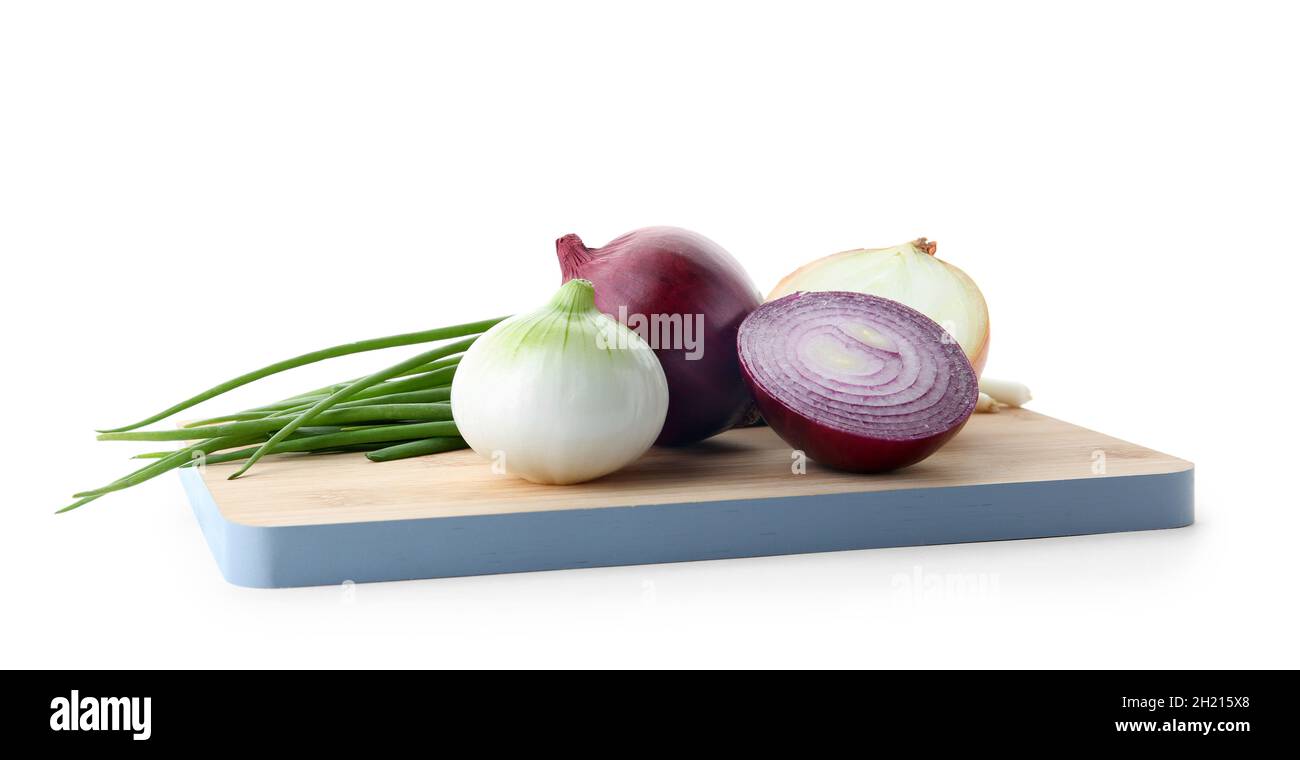 Wooden board with fresh onions on white background Stock Photo - Alamy