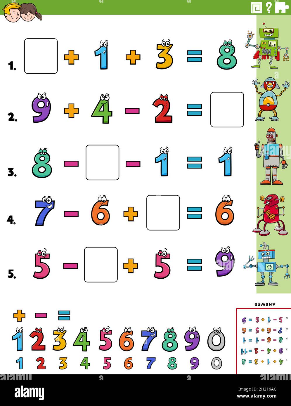 Cartoon illustration of educational mathematical calculation task worksheet for elementary school children Stock Vector