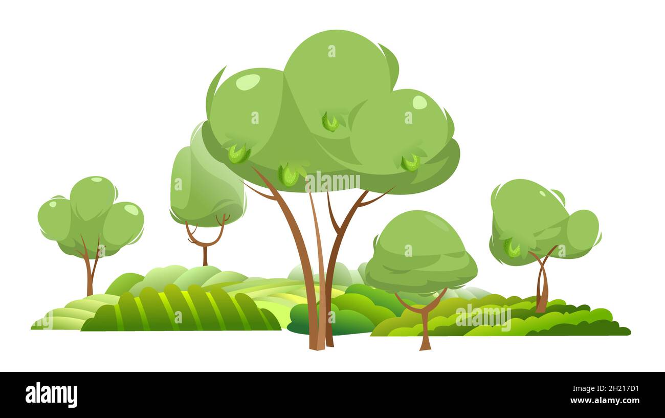 Garden and rolling hills. Rural landscape with fruit trees and farmer hills. Cute funny cartoon design illustration. Flat style. Isolated on white Stock Vector