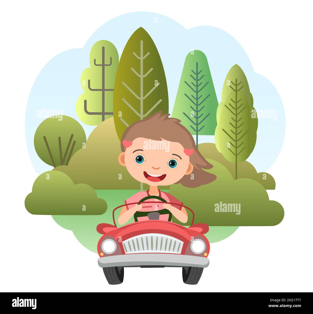 Childrens trip in a small car. Kid girl drives a pedal or electric toy automobile. Cartoon illustration. Isolated. Summer rural landscape. Vector Stock Vector