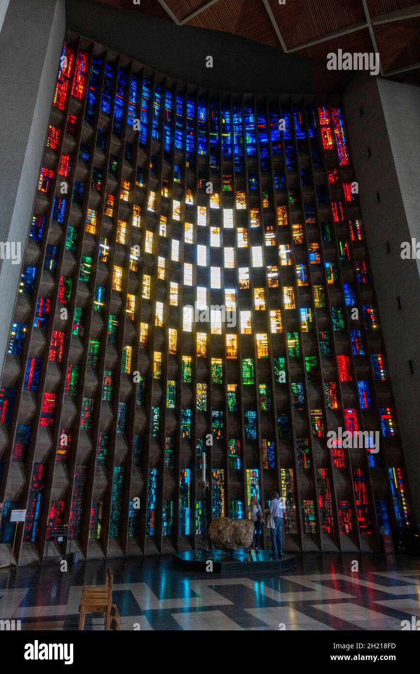 The Baptistry Window by John Piper with the Stone of Bethlehem, Coventry Cathedral, Coventry, West Midlands, UK. Stock Photo