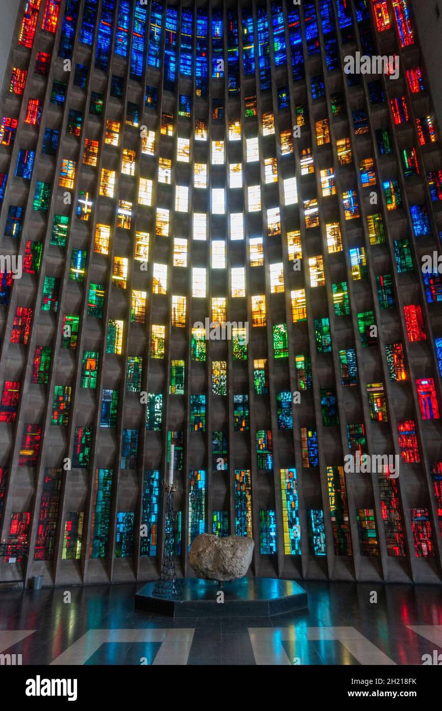 The Baptistry Window by John Piper with the Stone of Bethlehem, Coventry Cathedral, Coventry, West Midlands, UK. Stock Photo