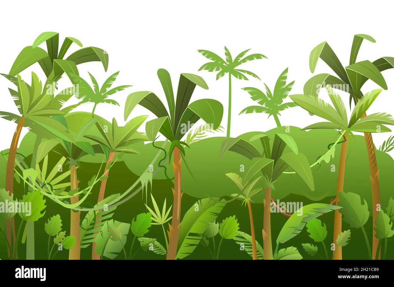 Jungle background. Plants rainforest. Beautiful green landscape with exotic trees and palms. Grass and lianas. Cute cartoon style. Isolated on white Stock Vector