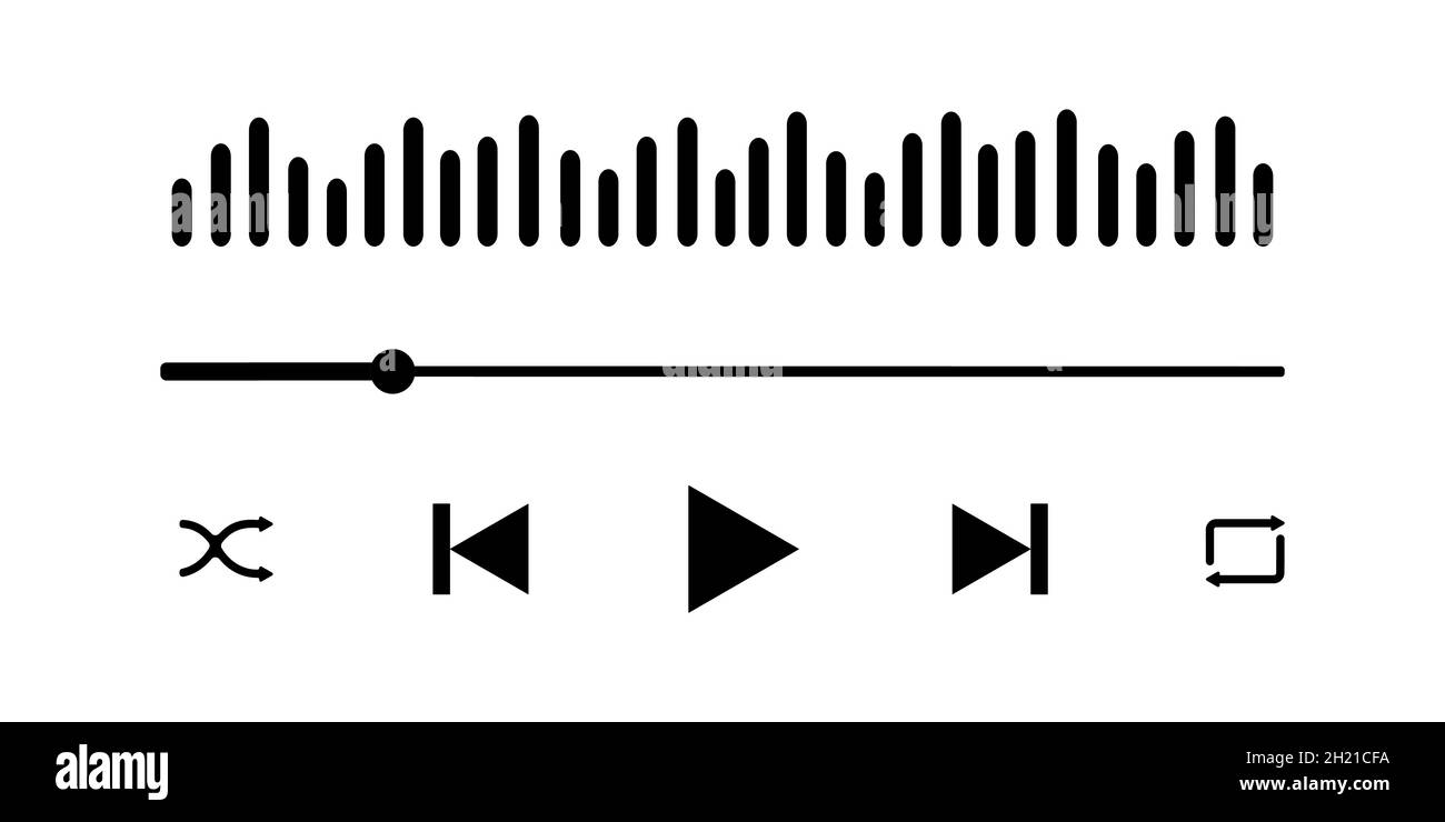 Audio player interface with sound wave, loading progress bar and buttons. Simple mediaplayer panel template for mobile app. Vector graphic illustration. Stock Vector