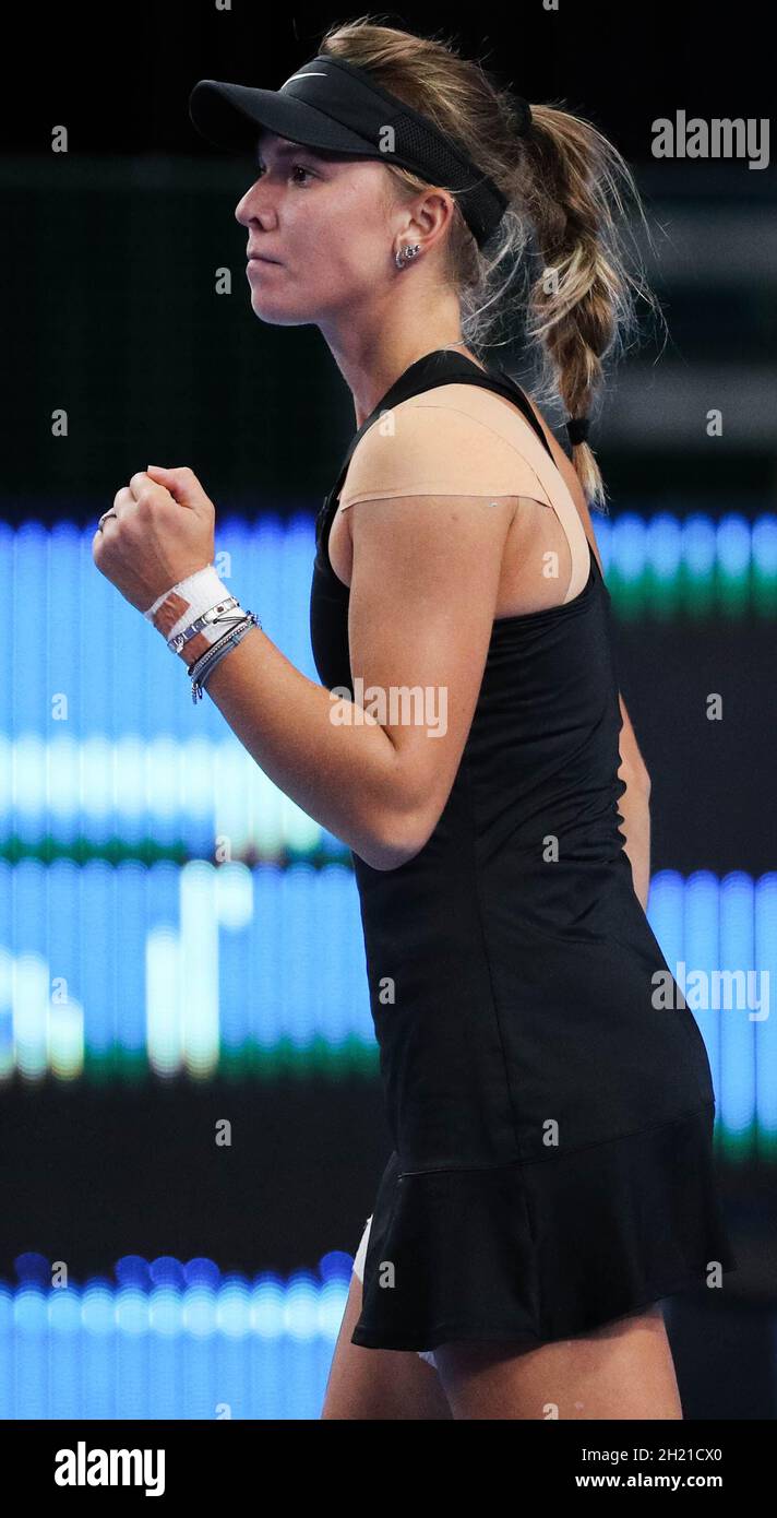 Moscow, Russia. 19th Oct, 2021. Russia's Oksana Selekhmeteva in action in  her singles Round of 32 tennis match against Russia's Veronika Kudermetova  at the VTB Kremlin Cup 2021 at the Luzhniki Palace