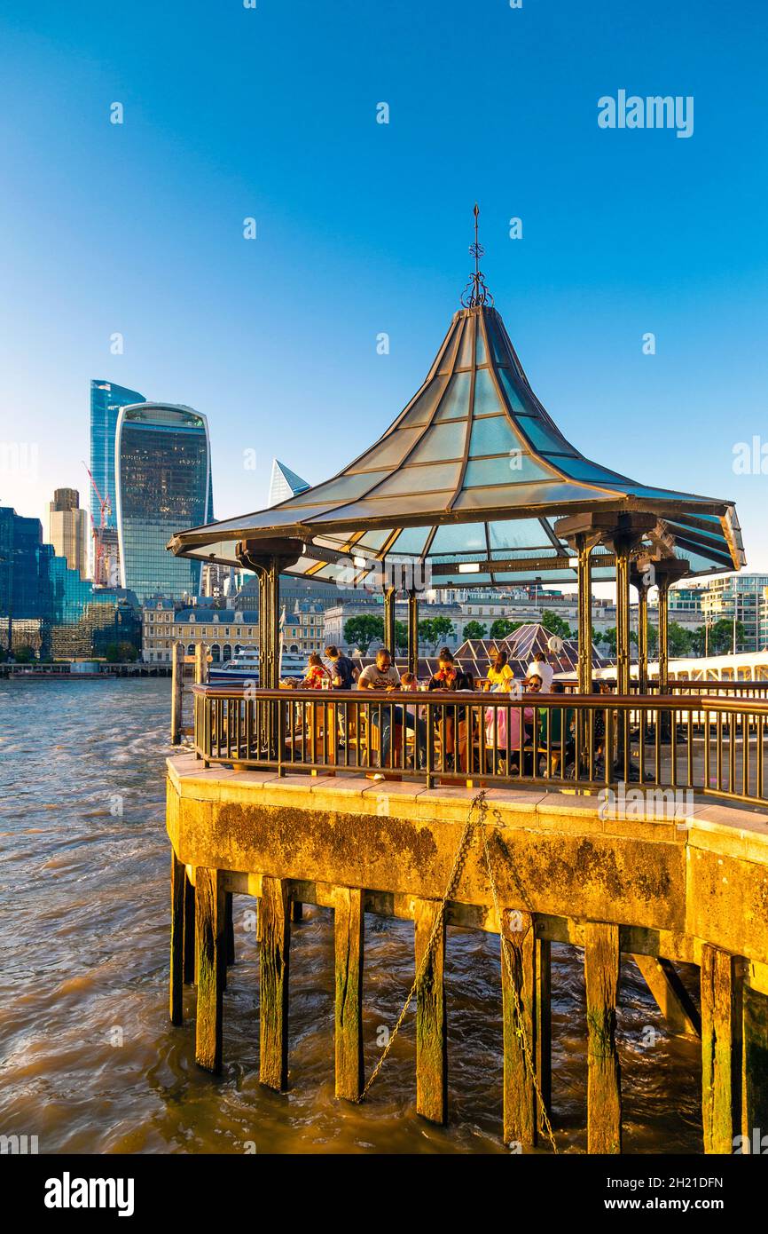 Pagoda overlooking the Thames River at Piazza by the Pier restaurant, London Bridge, London, UK Stock Photo