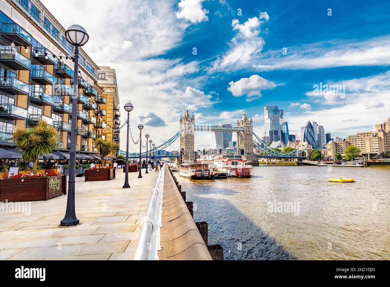 View of Tower Bridge from Butler's Wharf Pier, Shad Thames, London, UK Stock Photo