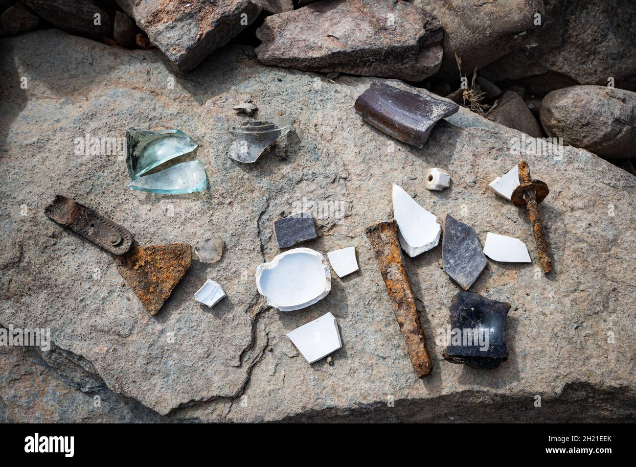 Recovered artifacts in the pioneer town of Red Bank, California. Ruins from the town were uncovered in Folsom Lake due the state's current drought. Stock Photo