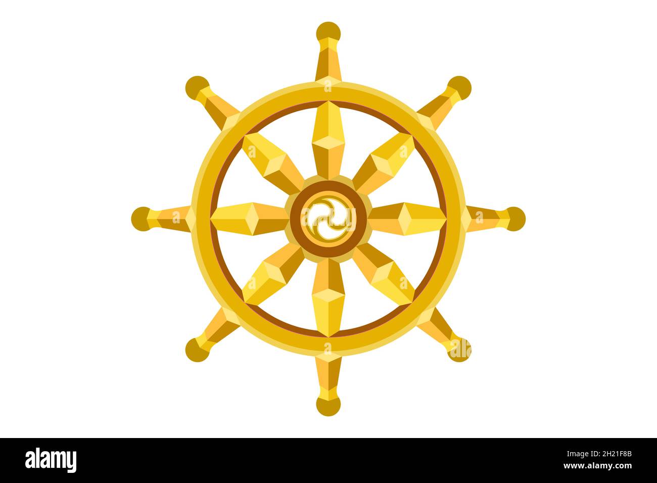 Golden Dharma wheel. Buddhism sacred symbol. Dharmachakra. Vector illustration isolated on white background Stock Vector