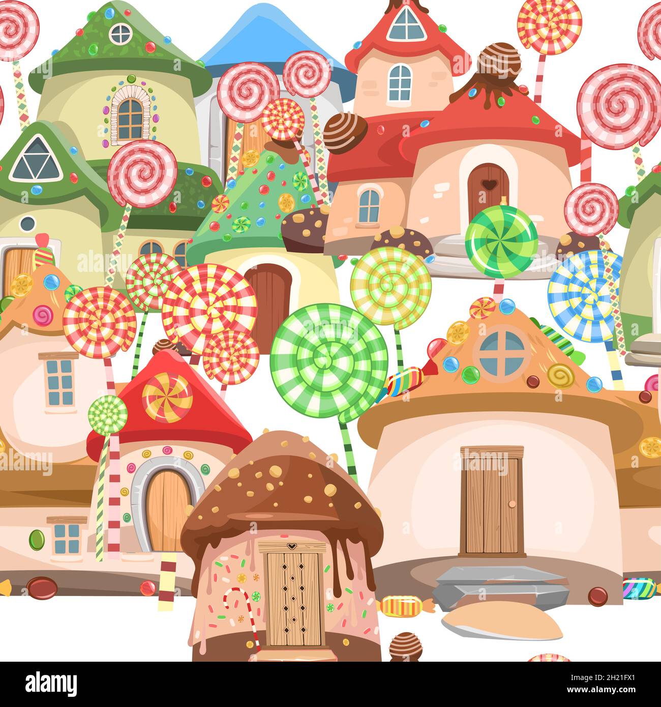 Candy town. Sweet caramel fairy house. Seamless pattern Illustration in