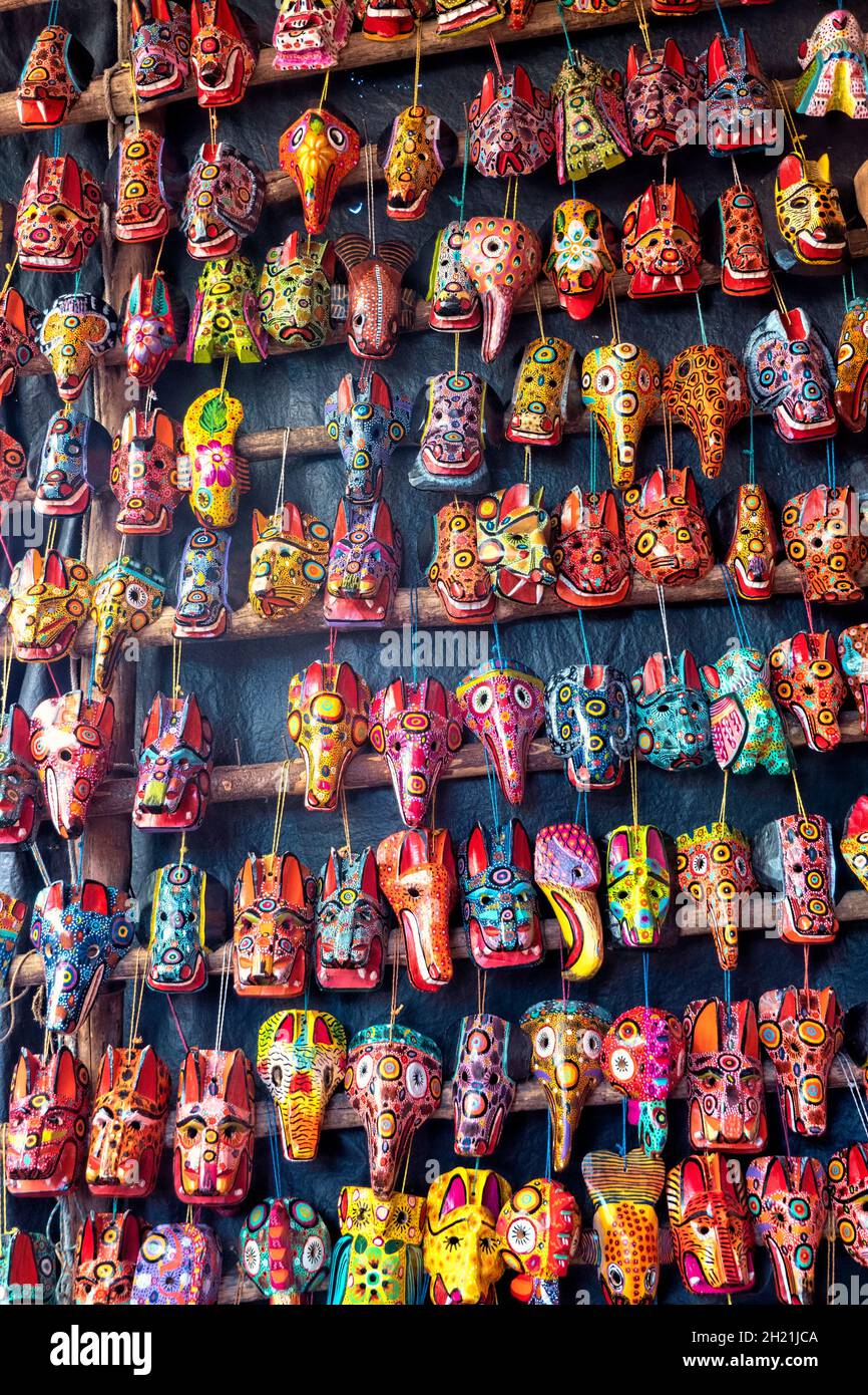 Masks for sale at the Sunday Market in Chichicastenango, Guatemala Stock Photo