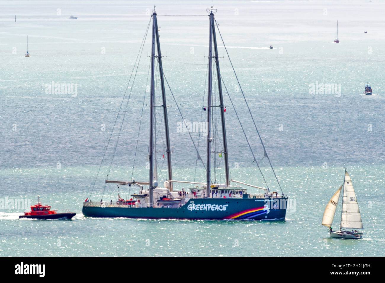 The new Rainbow Warrior, is the first purpose built ship, funded entirely by donations for Greenpeace, arrives in the Waitemata Harbour where the original vessel was bombed in 1985 by the French intelligence service, Auckland, New Zealand, Friday, January 11, 2013. Stock Photo
