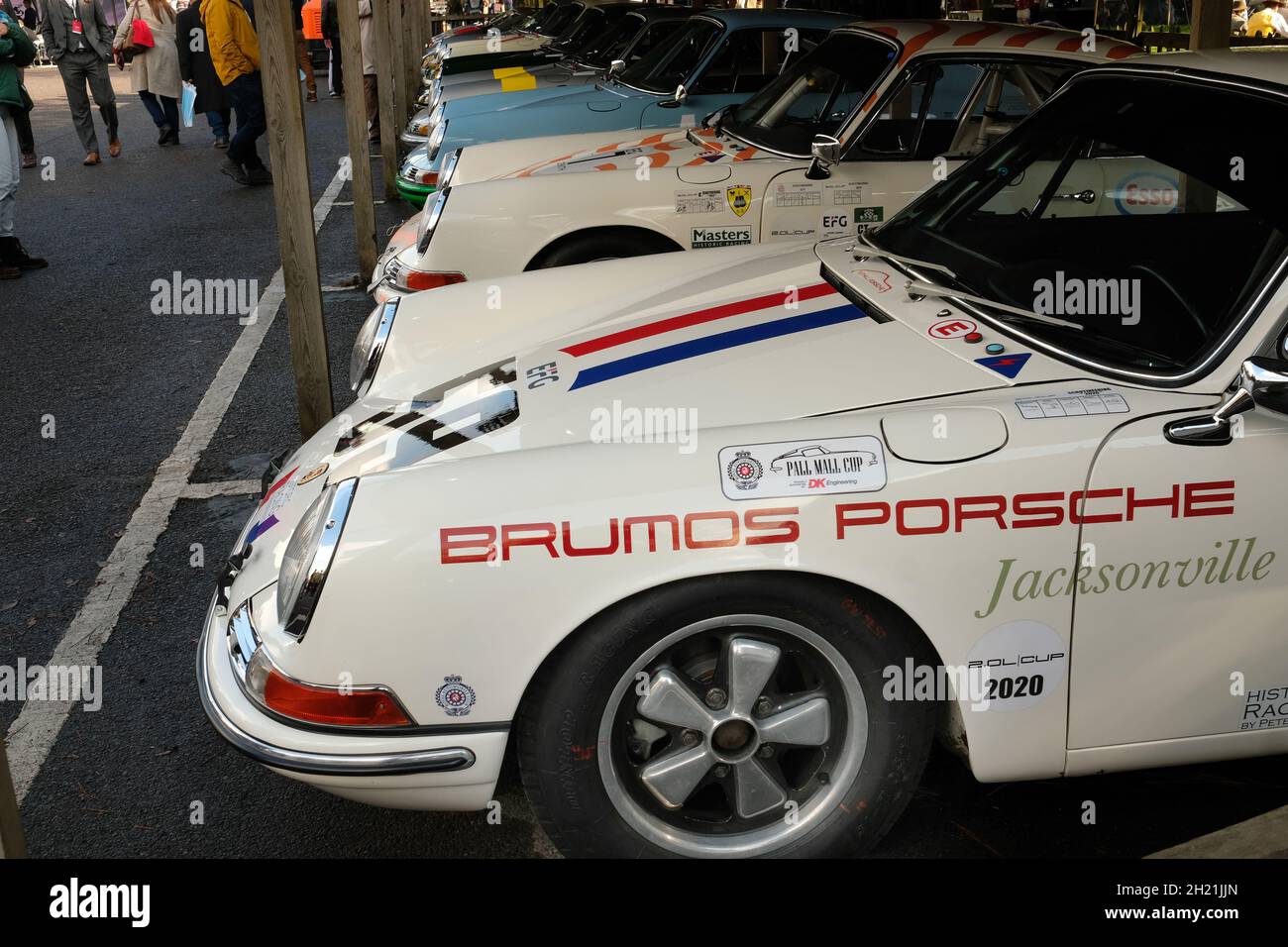October 2021 -  Line of Porsche 911's in the paddock at the covid delayed Goodwood Members Meeting 78. Stock Photo