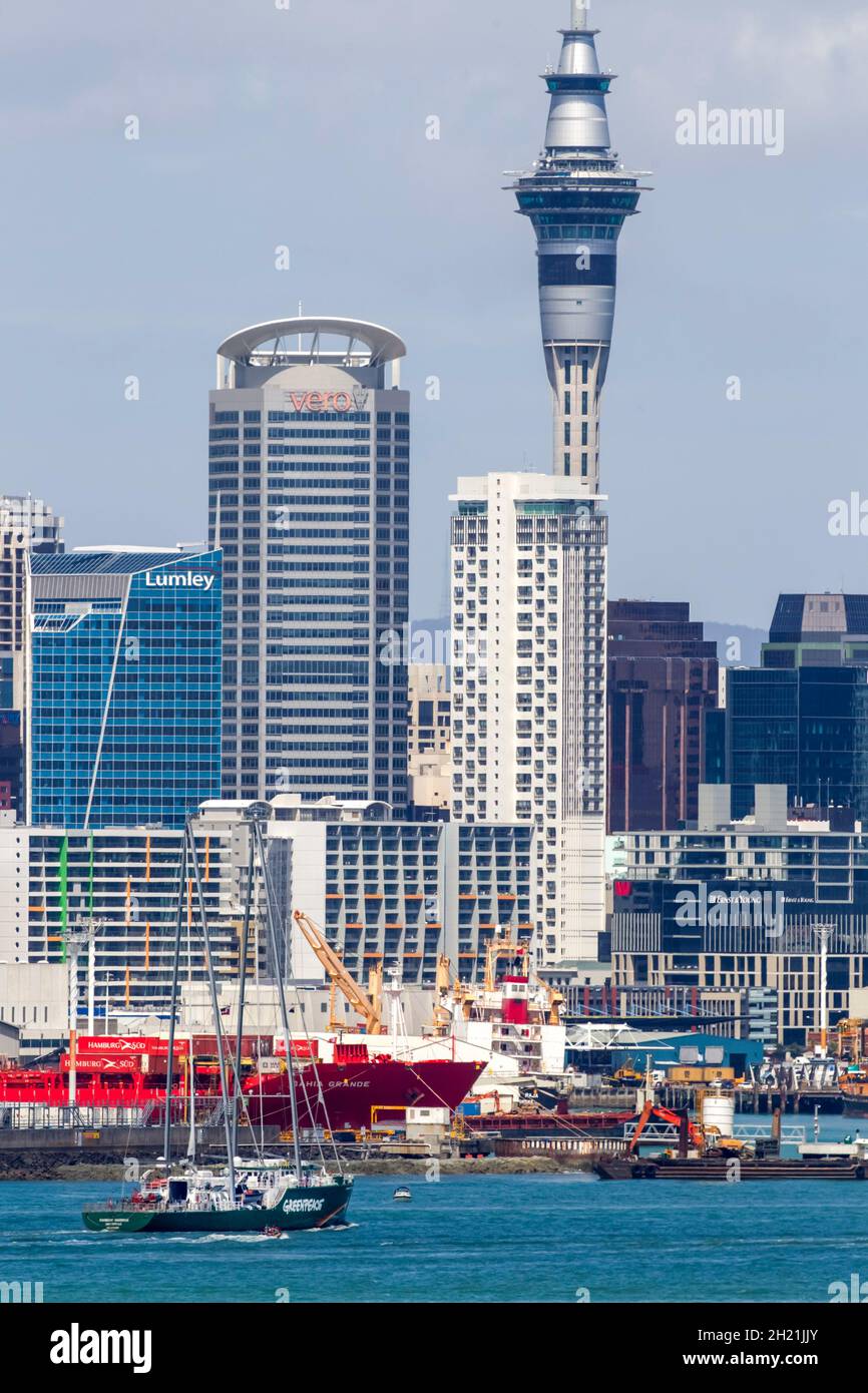 The new Rainbow Warrior, is the first purpose built ship, funded entirely by donations for Greenpeace, arrives in the Waitemata Harbour where the original vessel was bombed in 1985 by the French intelligence service, Auckland, New Zealand, Friday, January 11, 2013. Stock Photo