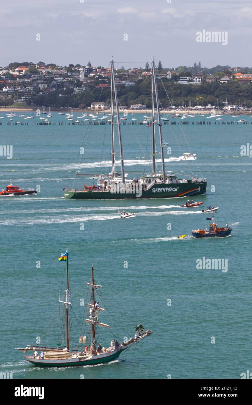 The new Rainbow Warrior, is the first purpose built ship, funded entirely by donations for Greenpeace, arrives in the Waitemata Harbour where the original vessel was bombed in 1985 by the French intelligence service, Auckland, New Zealand, Friday, January 11, 2013. Stock Photo