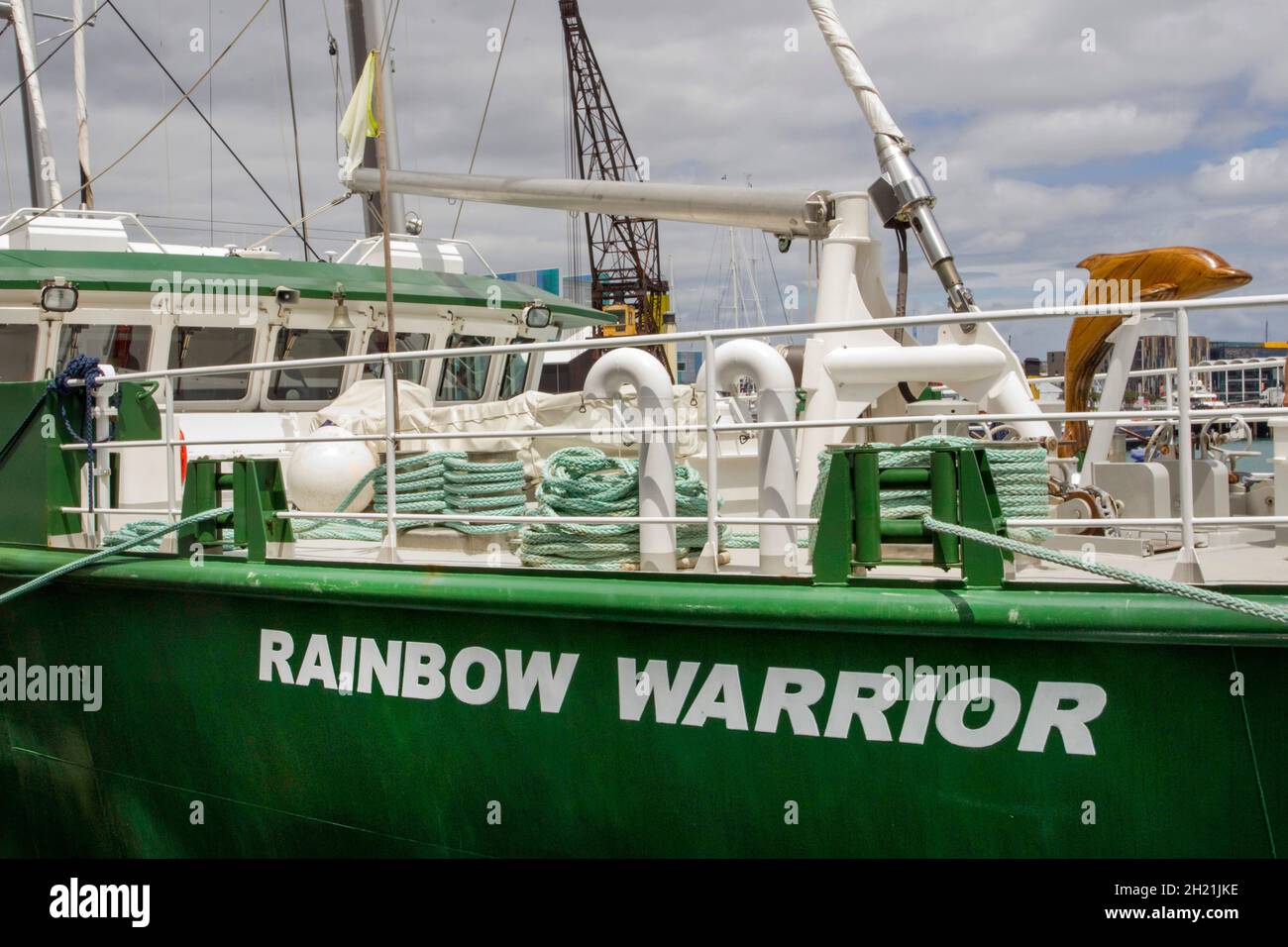 The new Rainbow Warrior, is the first purpose built ship, funded entirely by donations for Greenpeace, arrives in the Waitemata Harbour where the original vessel was bombed in 1985 by the French intelligence service, Auckland, New Zealand, Friday, January 11, 2013. Stock Photo