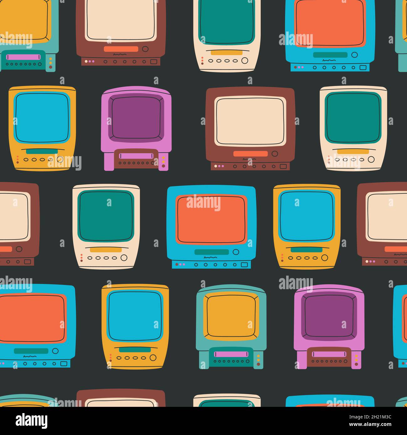 Seamless pattern old TV with VCR. Cassette recorder. Vector background